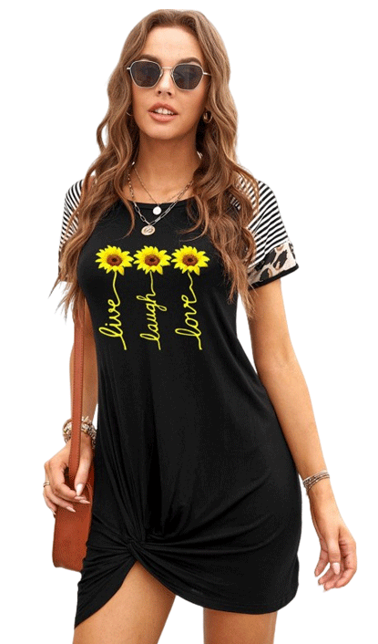 /graphic-dresses/black-letter-sunflower-print-twist-knot-short-sleeve-mini-dress.html