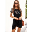 Black Letter Heart Print Leopard Striped Short Sleeve Mini Dress