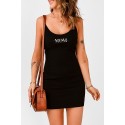 Black MOM Slogan Rib Knit Spaghetti Straps Dress