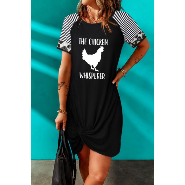 Black Chicken Whisperer Graphic Striped Sleeves T Shirt Dress