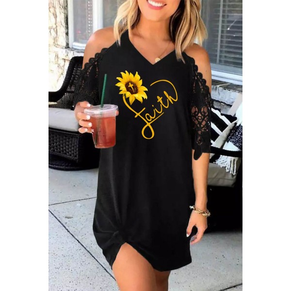 Black Faith Heart Sunflower Print Lace Sleeve Cold Shoulder Mini Dress