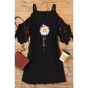 Black Blessed Daisy Print Lace Sleeve Ruched Mini Dress