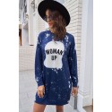 Blue WOMAN UP Bleached Tie-dye Long Sleeve Dress