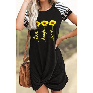 Black  Letter Sunflower Print Twist Knot Short Sleeve Mini Dress