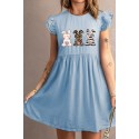 Sky Blue Easter Day Animal Print Ruffle Sleeve Mini Dress