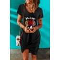 Black Happy Easter Egg Print Twist Knot Short Sleeve Mini Dress