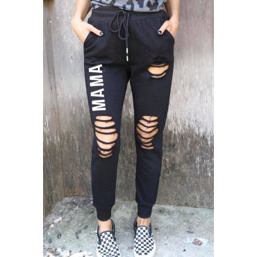 Black MAMA Letter Print Distressed High Waist Jogger Pants