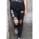 Black MAMA Letter Print Distressed High Waist Jogger Pants