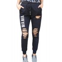 Black MAMA Letter Print Distressed High Waist Jogger Pants