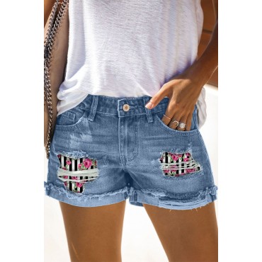 Sky Blue Rose Striped Graphic Ripped Patch Jeans Shorts