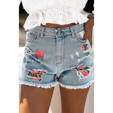 Sky Blue Rose Leopard Patchwork Raw Hem Distressed Denim Shorts