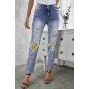 Leopard Sunflower Ripped High Waist Straight Jeans