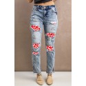 Sky Blue Valentine Heart Print Patchwork Distressed Slim-fit Jeans