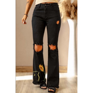 Black Cat Sunflower Print Distressed Flare Jeans