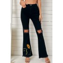 Black Cat Sunflower Print Distressed Flare Jeans