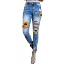 Sky Blue Sunflower Print Skinny Fit High Waist Distressed Jeans