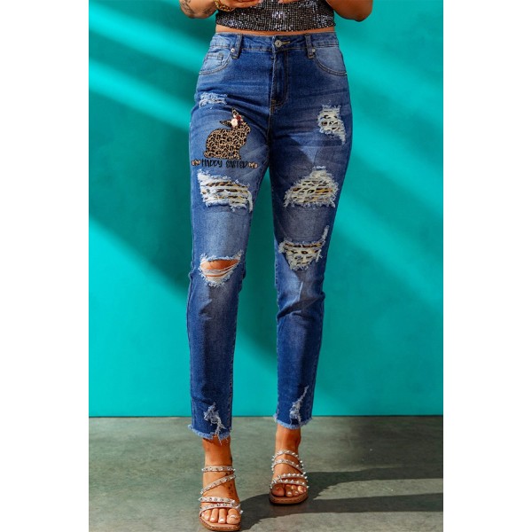 Blue Casual Leopard Animal Print Ripped Jeans