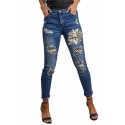 Easter Leopard Bunny Print Patchwork Distressed Skinny Jeans