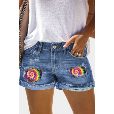 Sky Blue Tie-dye Swirl Leopard Ripped Folded Hem Denim Shorts