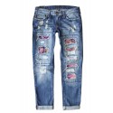 Sky Blue Floral Patchwork Mid Waist Distressed Jeans