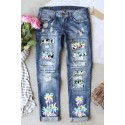 Sky Blue Tropical Tree Print Patchwork Distressed Jeans