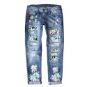 Sky Blue Tropical Tree Print Patchwork Distressed Jeans