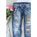 Sky Blue Leopard Flower Patchwork Distressed Denim Pants