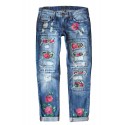 Sky Blue Cheetah Floral Print Contrast Mid Waist Distressed Jeans