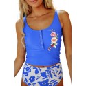 Blue Floral Print Buttoned Crew Neck High Waist Tankini Set