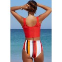 Letter Rainbow Stripe Print Buttoned High Waist Tankini Swimsuit