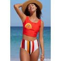 Letter Rainbow Stripe Print Buttoned High Waist Tankini Swimsuit