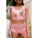 Pink Floral Print Scalloped Sleeveless High Waist Bikini Swimsuit