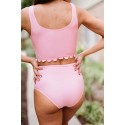 Pink Floral Print Scalloped Sleeveless High Waist Bikini Swimsuit