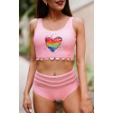 Pink Colorful Heart Shaped Scalloped High Waist Bikini Swimwear