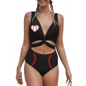 Black Baseball Heart Print Cut-out Criss Cross One-piece Swimwear