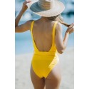 Yellow Abstract Face Print Ribbed Backless Belted One-piece Swimsuit