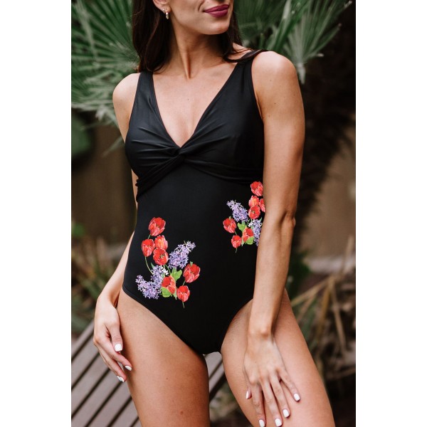 Black Floral Print Twist V Neck Open Back One-piece Swimsuit