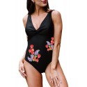 Black Floral Print Twist V Neck Open Back One-piece Swimsuit