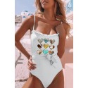 White Western Heart-shape Print Frilled Lace-up One-piece Swimwear