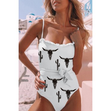 White Western Graphic Print Frilled Lace-up One-piece Swimwear