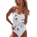 White Floral Print Frilled Belted Spaghetti Strap One-piece Swimsuit