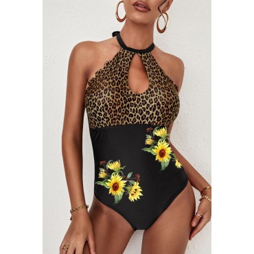 Black Floral Leopard Print Cut-out Halter Backless One-piece Swimsuit