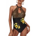 Black Floral Leopard Print Cut-out Halter Backless One-piece Swimsuit