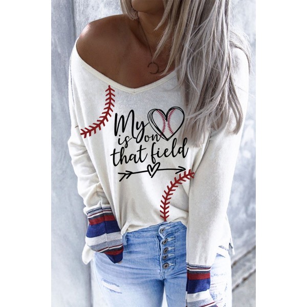 Beige Baseball Print V Neck Long Sleeve Top