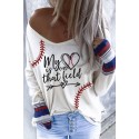 Beige Baseball Print V Neck Long Sleeve Top