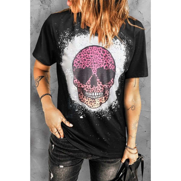 Black Leopard Skull Print Short Sleeve Graphic T Shirt