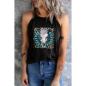 Black Western Turquoise Floral Steer Head Print Graphic Tank Top