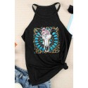 Black Western Turquoise Floral Steer Head Print Graphic Tank Top