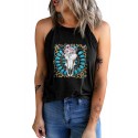 Black Western Turquoise Floral Steer Head Print Graphic Tank Top